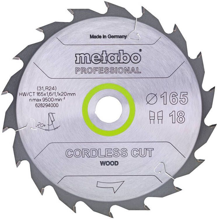 Metabo Cirkelzaagblad Cordless Cut Wood Professional | 165 x 1.6 x 20 mm | Z18 WZ 20° 628294000