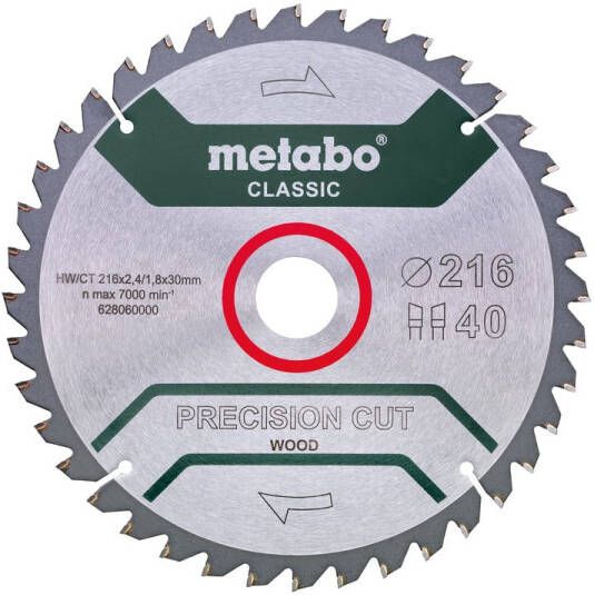 Metabo Cirkelzaagblad "Precision Cut" HW CT Ø 216 mm  40 WZ 5° 628060000