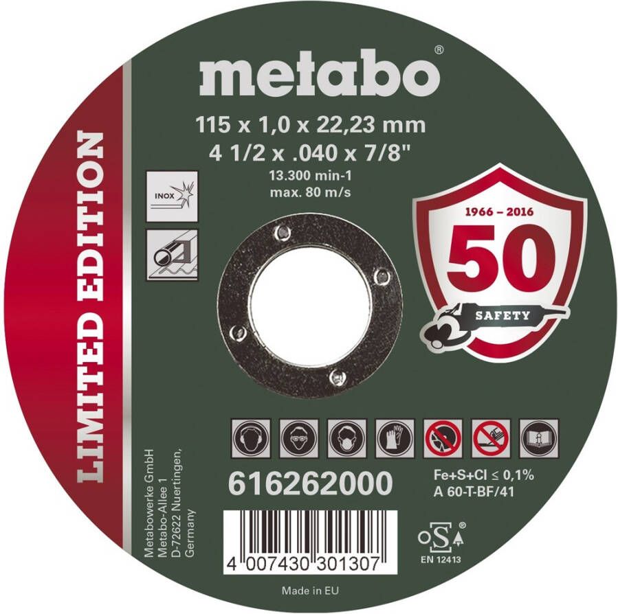 Metabo Doorslijpschijf Ø 115x1 0x22 23 Inox Limited Edition 100 stuks