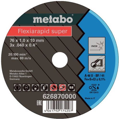 Metabo Doorslijpschijven | Flexiarapid super | Ø 76x10 mm | Inox (5 st.)