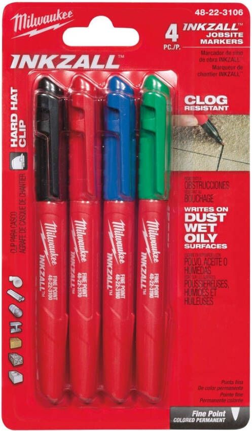 Milwaukee Accessoires INKZALL Fijne punt kleur Markeerstift 4-delig Set: zwart rood blauw en groen 48223106