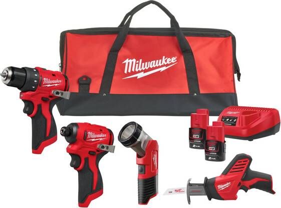 Milwaukee M12 BLPP4A-202B Accu-machineset 4-delig BLDDRC + BLIDRC + TLED + HZ in tas | Incl. 2x 2 0Ah accu en lader 4933499693