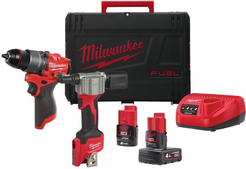 Milwaukee M12 FPP2D2-422X | M12 FUEL powerpack (M12 FPD2 M12 BPRT 1 x M12 B2 accu 1 x M12 B4 accu 1 x C12C lader 1 x HD Box) 4933480593