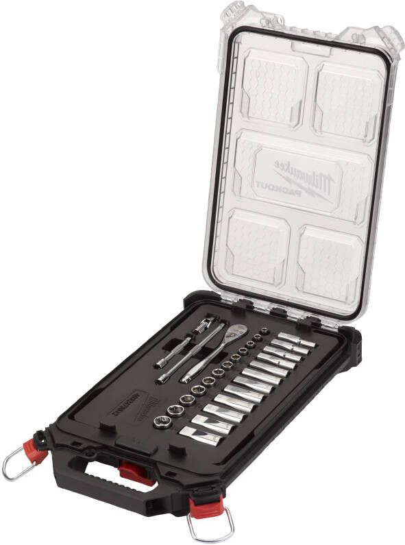 Milwaukee Accessoires Metrische 1 4" ratel + doppen set (28-delig) in PACKOUT compact slim organiser 4932478812