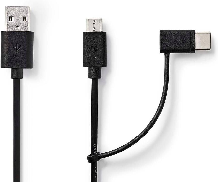 Nedis 2-in-1-Kabel | USB 2.0 | USB-A Male | USB Micro-B Male USB-C™ Male | 480 Mbps | 1.00 m | Vernikkeld | Rond | PVC | Zwart | Label