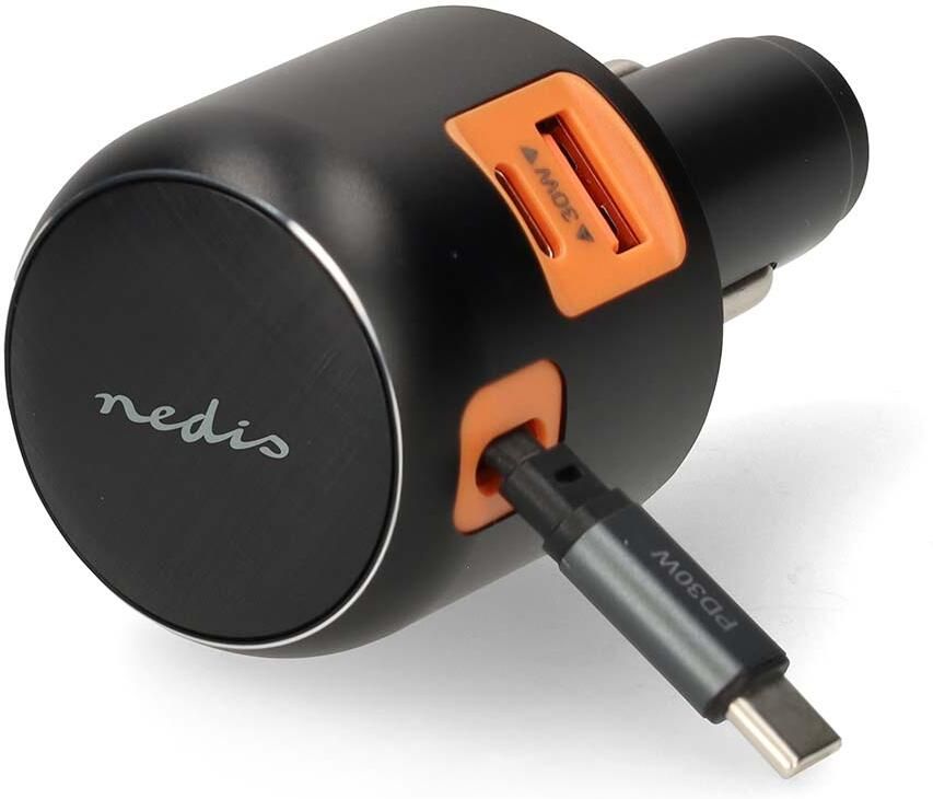 Nedis Autolader | 60 W | USB-A en USB-C™ | Intrekbare USB-C™-kabel 0 7 m | Zwart CCH1C1A60WBK