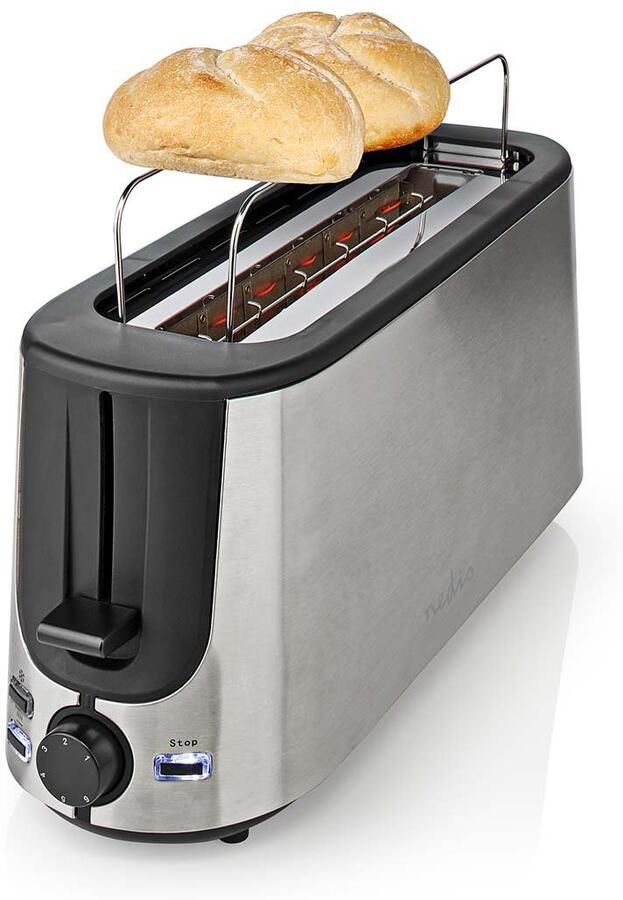 Nedis Broodrooster | Roestvrij Stalen Serie | 2 Sneetjes Brood | 1 Lange sleuf | Bruining niveaus: 6 | Ontdooifunctie | Broodjesrek | Aluminium