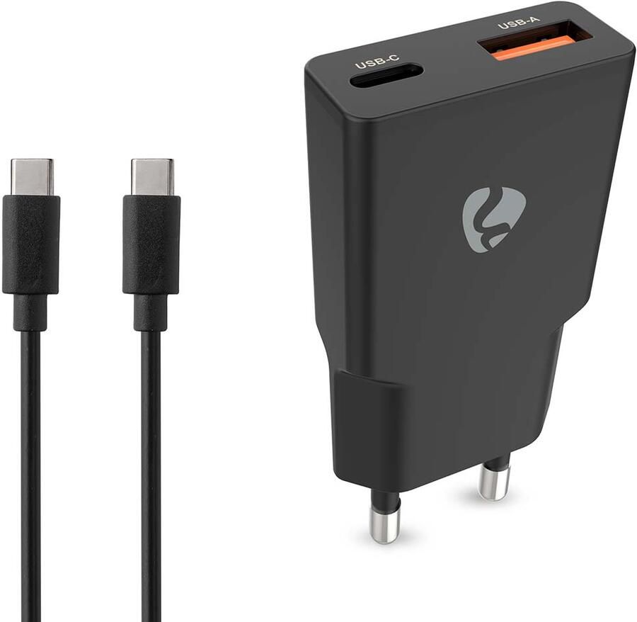 Nedis GaN-oplader | 20 W | USB-A en USB-C™ | USB-C™-kabel 1 5 m | Zwart WCHA20BKUC