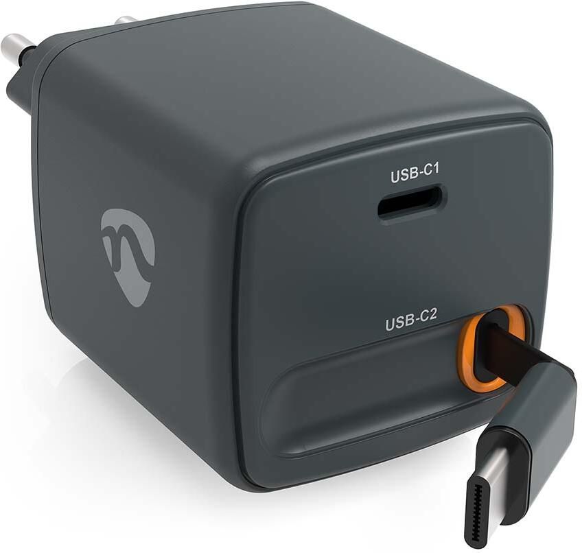 Nedis GaN-oplader | 30 W | Intrekbare USB-C™-kabel 0 75 m | Zwart WCHARC30WBK
