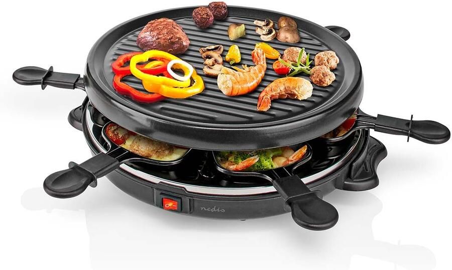 Nedis Gourmet Raclette | Grill | 6 Personen | Spatel | Anti-aanbak laag | Rond FCRA210FBK6