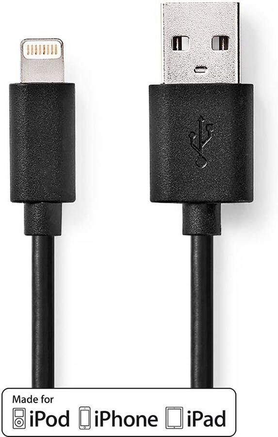 Nedis Lightning Kabel | USB 2.0 | Apple Lightning 8-Pins | USB-A Male | 480 Mbps | Vernikkeld | 1.00 m | Rond | PVC | Zwart | Label CCGL39300BK10