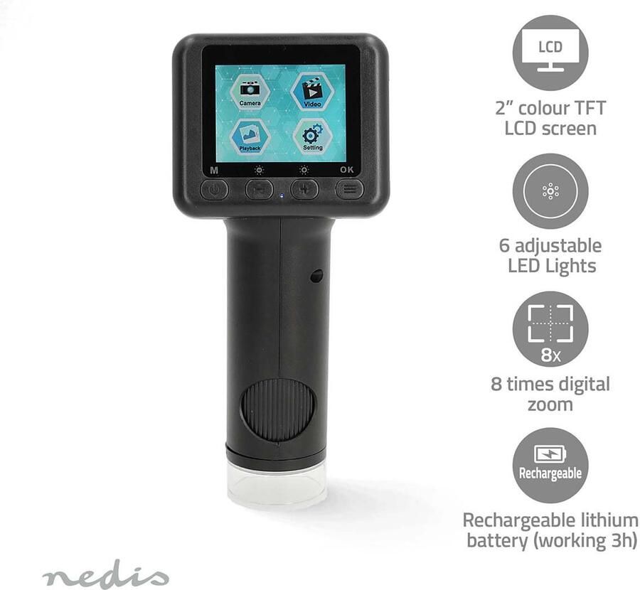 Nedis Microscoopcamera | 1080p@30fps | 48 MPixel | Zoom: 8 x | Vergroting: 500 x | Scherm grootte: 2 " | Ja | Zwart MCAM2424BK