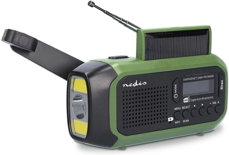 Nedis Noodradio | Draagbaar Model | DAB+ FM | Batterij Gevoed Handslinger Solar Powered USB Gevoed | Wekker | Groen Zwart RDDBCR2000GN