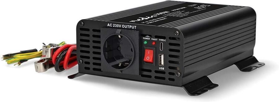 Nedis Omvormer Pure Sinusgolf | Ingangsvoltage: 12 V DC | Apparaat stroomoutput: Type F (CEE 7 3) USB-A USB-C™ | 230 V AC 50 Hz | Zekering | Zwart