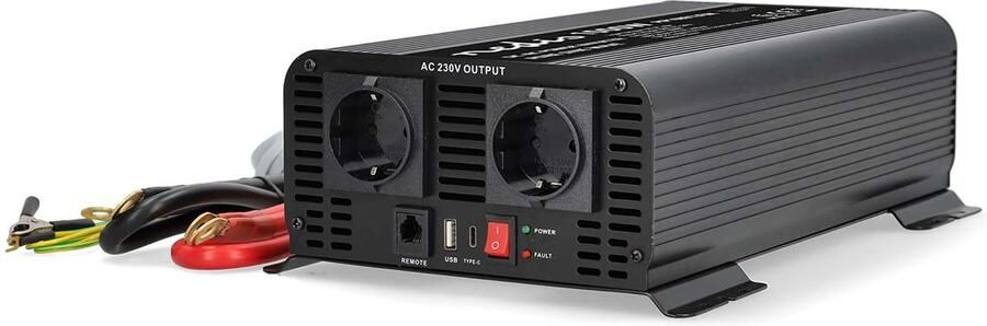 Nedis Omvormer Pure Sinusgolf | Ingangsvoltage: 12 V DC | Apparaat stroomoutput: Type F (CEE 7 3) USB-A USB-C™ | 1000 W | Piekvermogen: 2000 W |