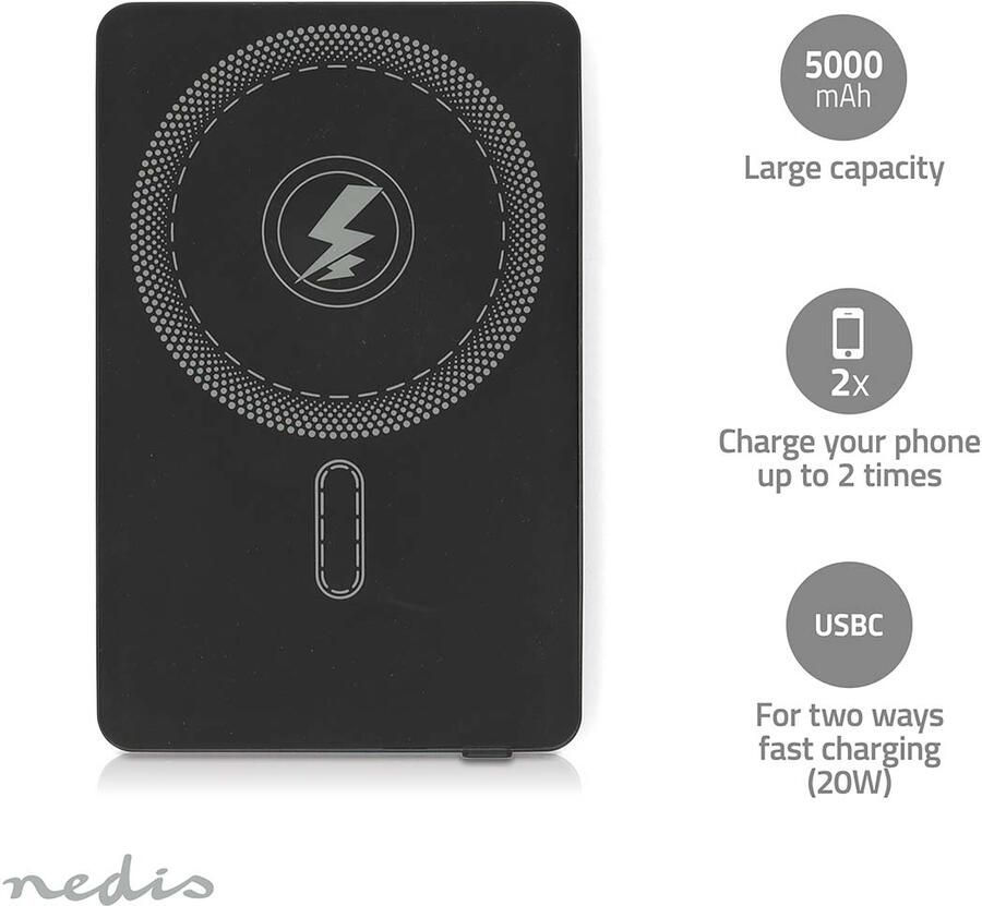 Nedis Powerbank | 5000 mAh | 20 W | Draadloos laden 15 W | USB-C™ PBKWL20W025BK