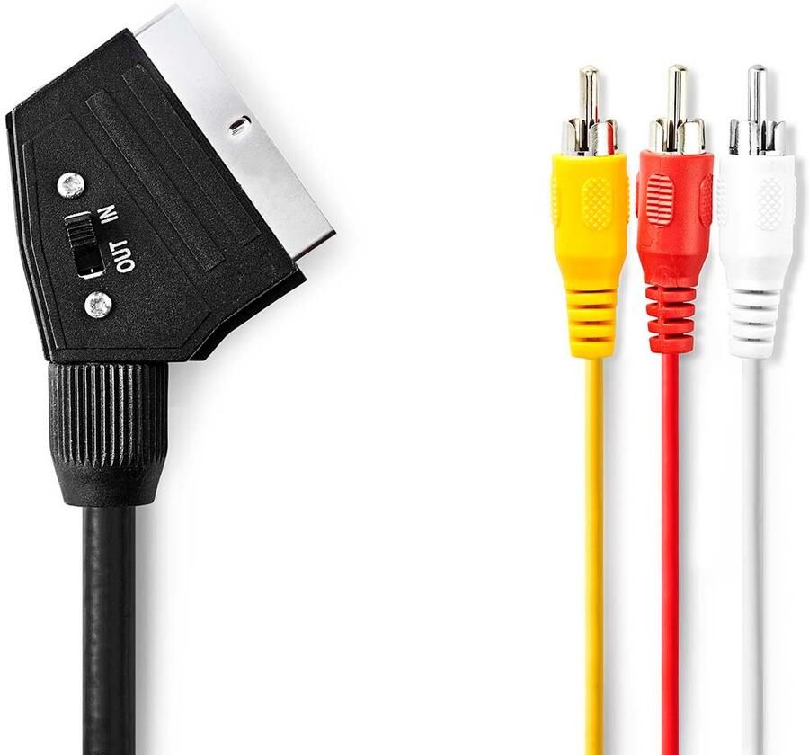 Nedis SCART-Kabel | SCART Male | 3x RCA Male | Vernikkeld | Schakelbaar | 480p | 2.00 m | Rond | PVC | Zwart | Label CVGL31130BK20
