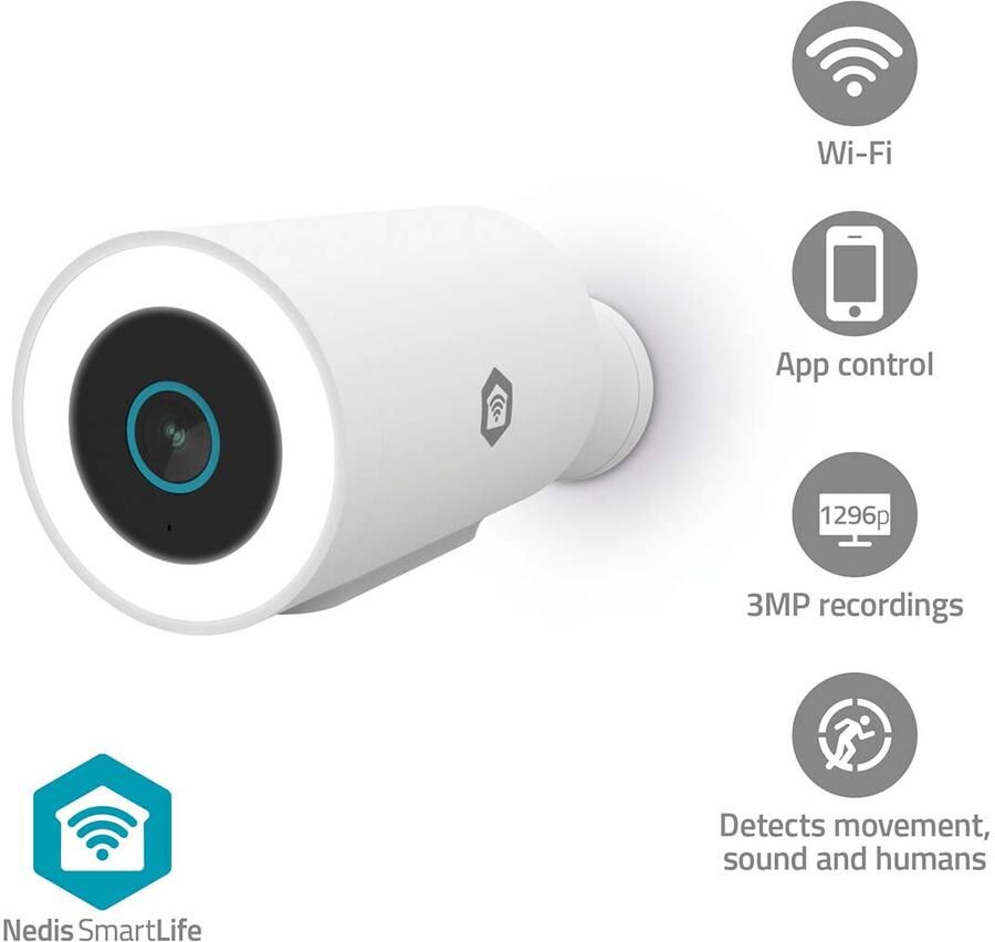 Nedis SmartLife buitencamera | 3 MP | Spotlight | Bewegingssensor | Nachtzicht | IP65 | Wit WIFICO15CWT