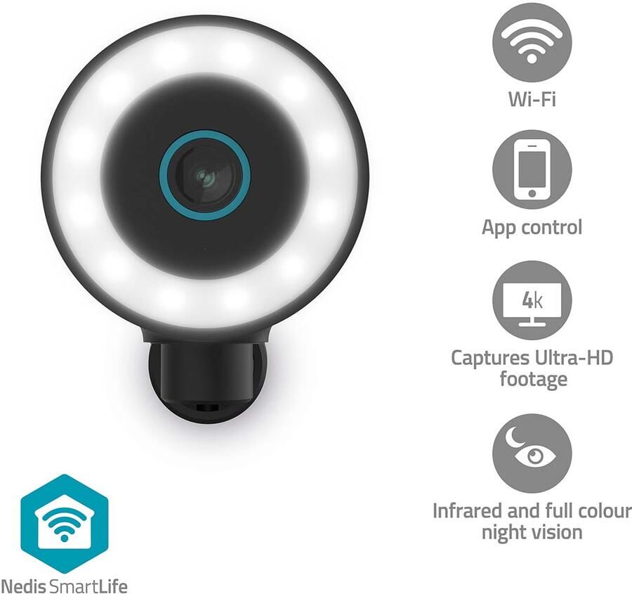 Nedis SmartLife buitencamera | 4K | Spotlight | Bewegingssensor | Nachtzicht | IP65 | Zwart WIFICO41CBK