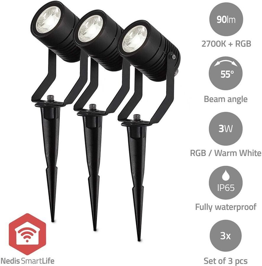 Nedis Smartlife Buitenlamp | 3 x 90 lm | Zigbee 3.0 | 3 x 3 W | RGB | 2700 K | Aluminium | Android™ IOS ZBLOS10RGBW3