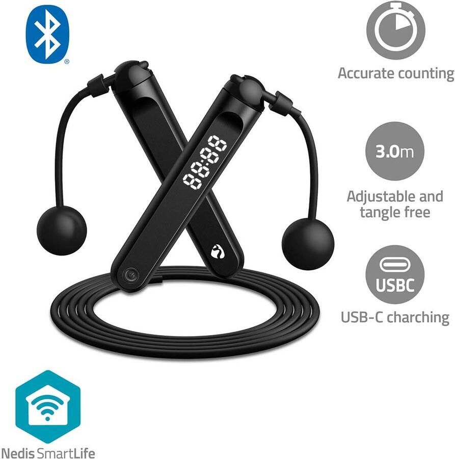 Nedis SmartLife Buitensport | Springtouw | Bluetooth | Dual Hall sensor | LED-Scherm | PVC | 3.00 m | Snoerloze Ballen Tasje | Zwart BTHJR10BK