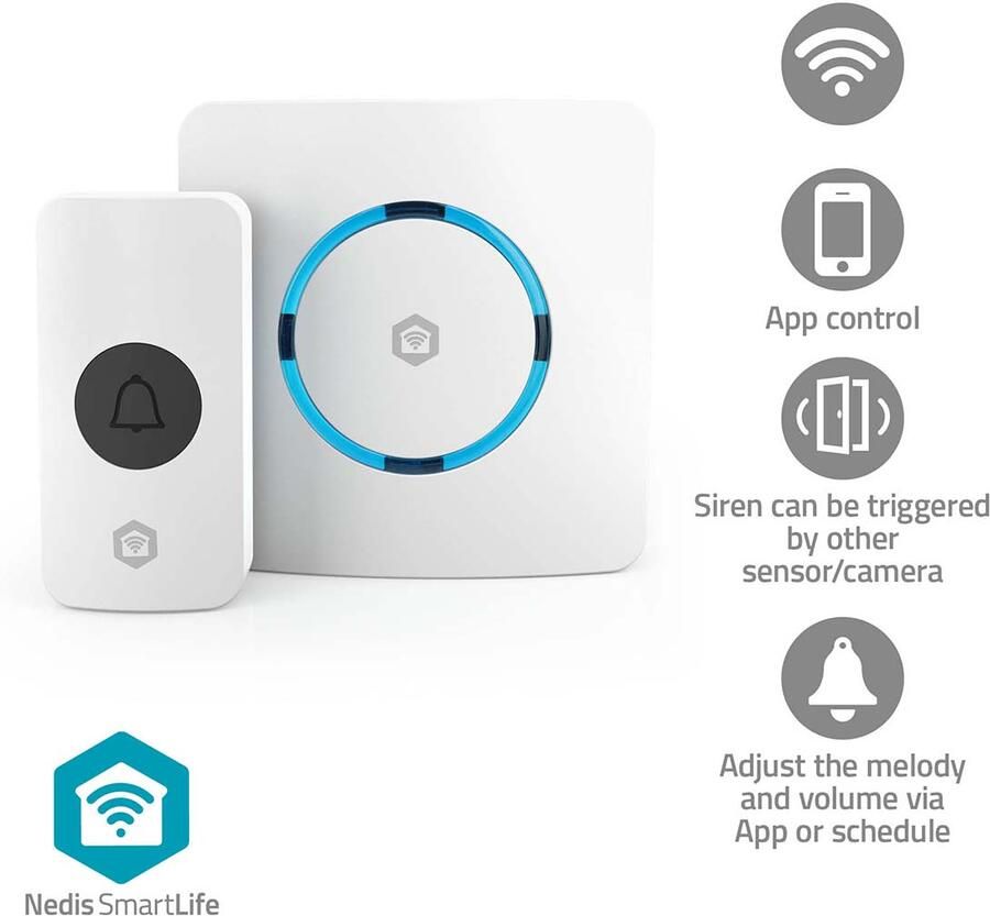Nedis SmartLife Gong | RF frequentie 433 MHz Wi-Fi | Netvoeding | 60 melodieën | 100 240 V AC | Instelbaar volume | Wit WIFIDB11CWT