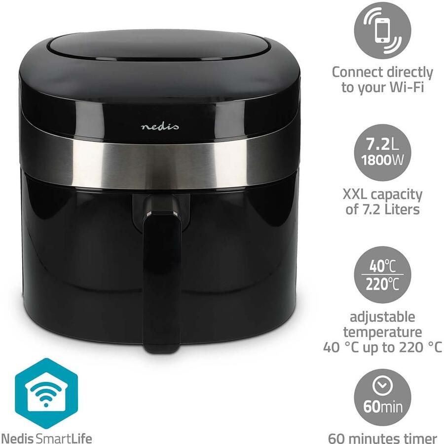 Nedis SmartLife Heteluchtfriteuse | Wi-Fi | 7 2 l | Tijdschakelaar: 60 min | Aantal vooraf ingestelde programma&apos;s: 8 | Digitaal | Android™ IOS |