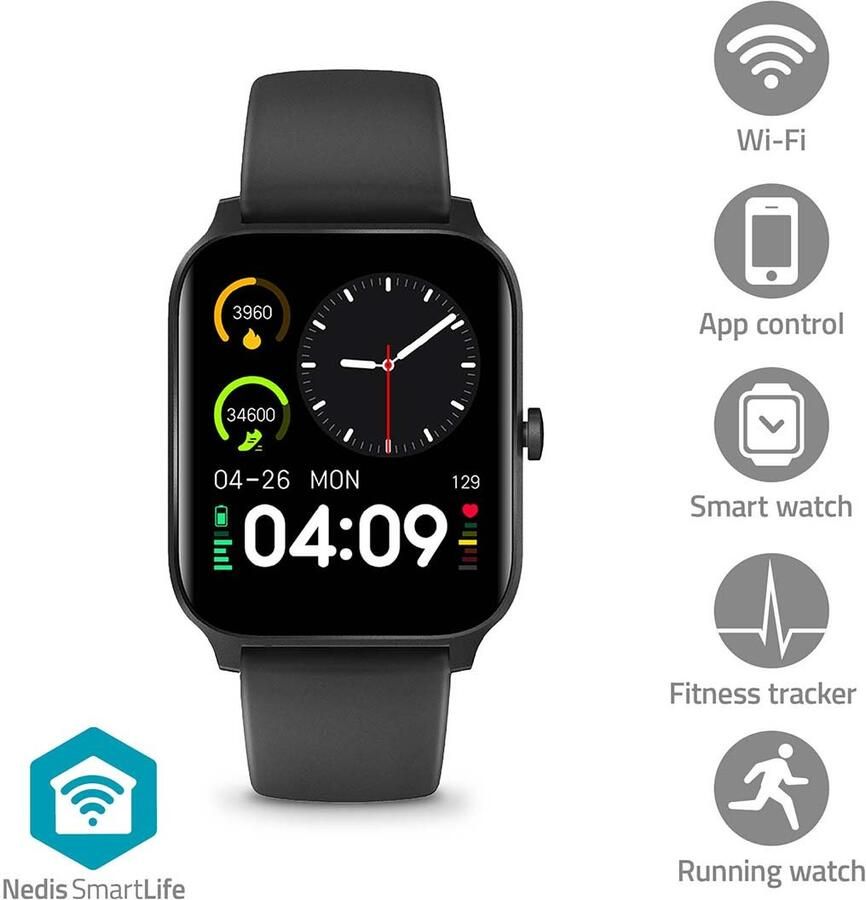 Nedis SmartLife-horloge | LCD | IP68 | Maximale gebruiksduur: 14400 min | Android™ IOS | Zwart BTSW30BK