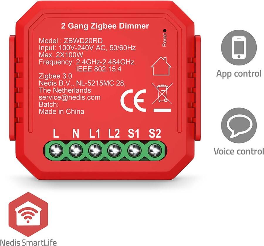 Nedis SmartLife inbouwmodule | Zigbee 3.0 | Dubbele triacdimmer | 2x 100 W ZBWD20RD