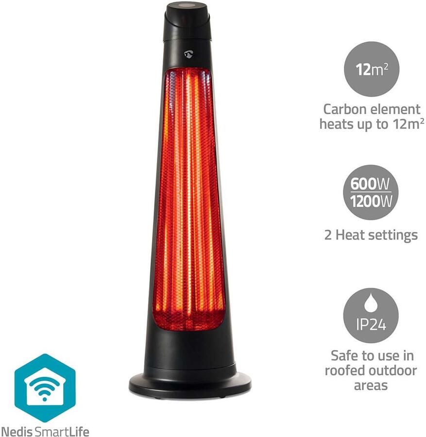 Nedis SmartLife Patio Verwarmer | Wi-Fi | 1200 W | 2 Warmte Standen | Zwenkfunctie | Omvalpreventie | IP24 | Zwart HTPA21BKW