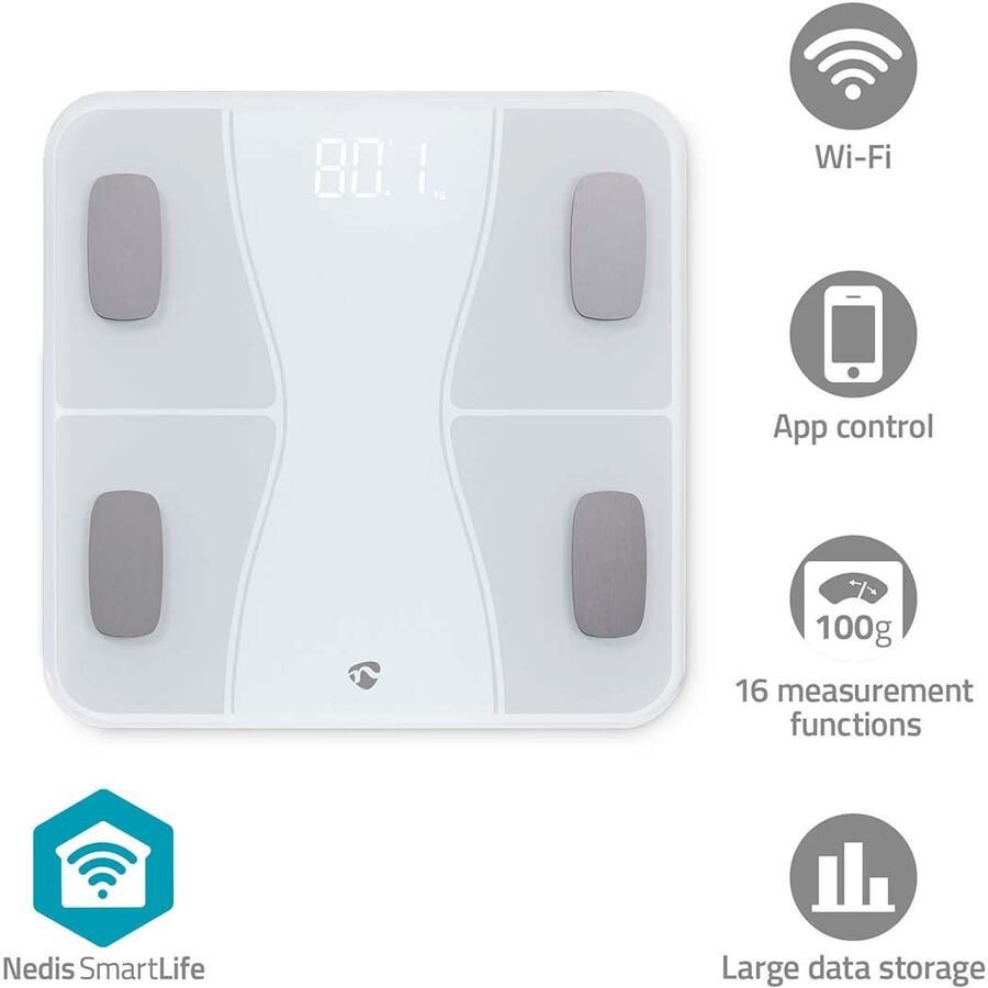 Nedis SmartLife Personenweegschaal | Bluetooth | BMI BMR Botten Gewicht Spieren Vet Water | 12 | Piekbelasting: 180 kg | Android™ IOS |