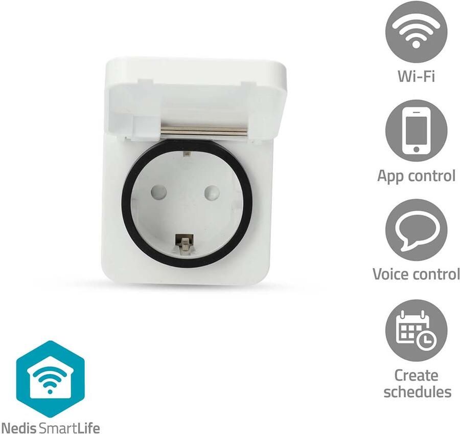 Nedis SmartLife slimme stekker | Wi-Fi | Energiemeter | 3680 W | IP44 | Grijs Wit WIFIPO130FWT