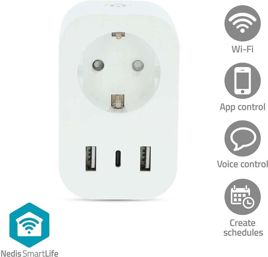 Nedis SmartLife Slimme Stekker | Wi-Fi | IP21 | Energiemeter | 3680 W | Type F (CEE 7 7) 1x USB-C™ 2x USB | 0 55 °C | Android™ IOS | Wit | 1