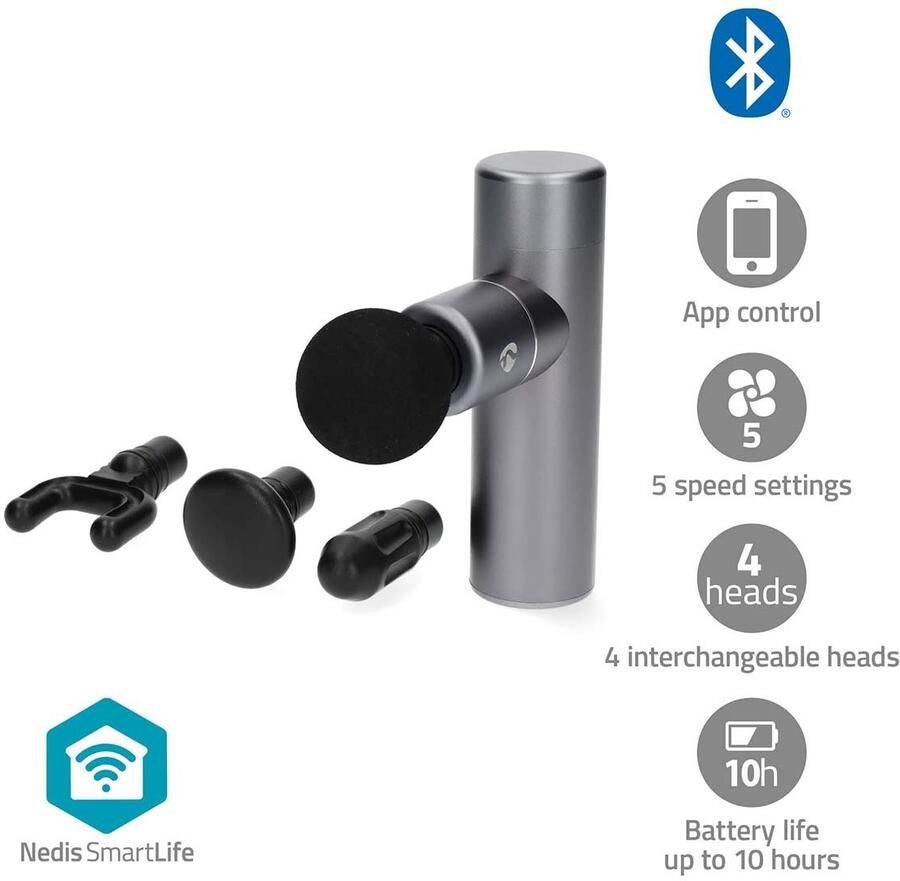 Nedis SmartLife Sportmassagepistool | Accu gevoed | Ingebouwde Lithium-Ion | Oplaadbaar | 5 Massage Modes | Bolvormige kop | Donkergrijs BTHMSG10GY