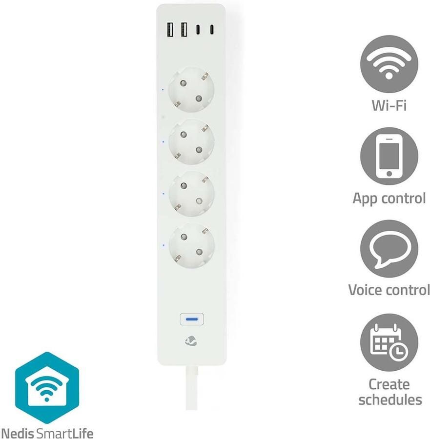 Nedis SmartLife Stekkerdoos | Wi-Fi | Hybrid (CEE 7 7) USB-A USB-C™ | 16 A | 3680 W | 2.00 m | 0 55 °C | Android™ IOS | Wit WIFIP313FWT