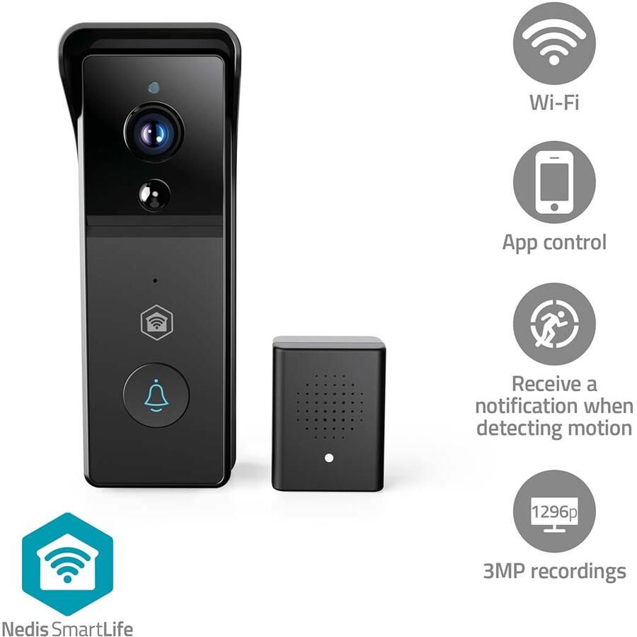 Nedis SmartLife videodeurbel | Batterijgevoed | 3 MP | Bewegingssensor | Nachtzicht | IP44 | Zwart WIFICDP21BK