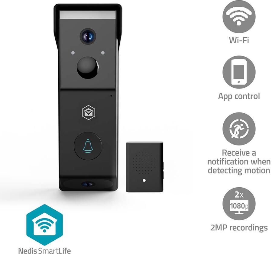 Nedis SmartLife videodeurbel | Batterijgevoed | Dubbele Full HD-camera | Bewegingssensor | Nachtzicht | IP54 WIFICDP31BK
