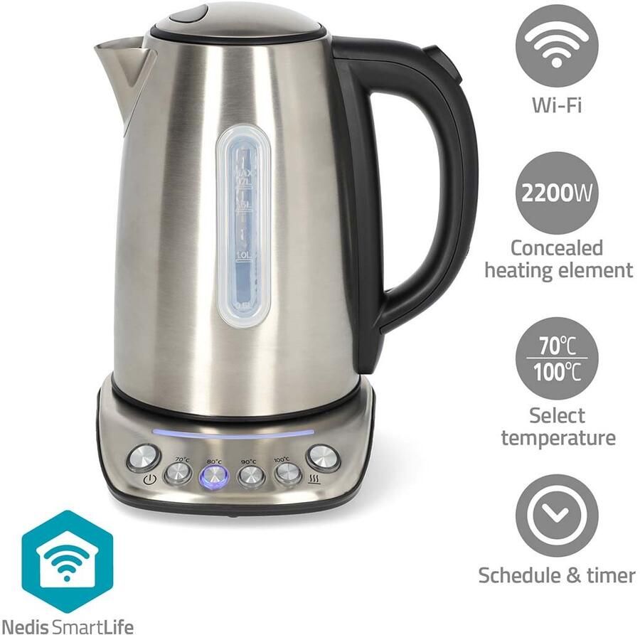 Nedis SmartLife Waterkoker | Wi-Fi | 1.7 l | Roestvrij Staal | 70 80 90 100 °C | Temperatuurindicator | 360 graden draaibaar | Verborgen