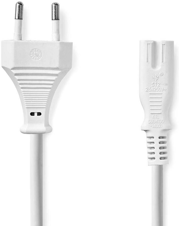 Nedis Stroomkabel | Euro Male | IEC-320-C7 | Recht | Recht | Vernikkeld | 2.00 m | Plat | PVC | Wit | Label CEGL11040WT20