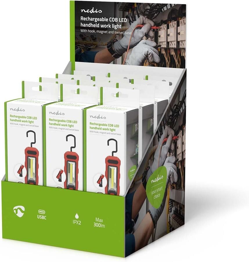 Nedis Werklamp | 4 W | Batterij Gevoed | 5 V DC | Ingebouwde Lithium-Ion | Oplaadbaar | Lichtduur: 5 u | 300 lm | Lichtbereik: 20 m LWORR05RD