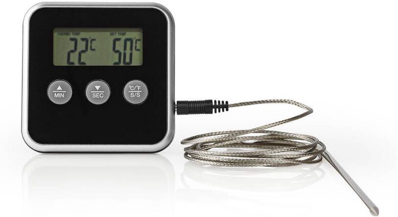 Nedis Vleesthermometer | Alarm Timer | LCD-Scherm | 0-250 °C | Zilver Zwart | 1 stuks KATH105BK