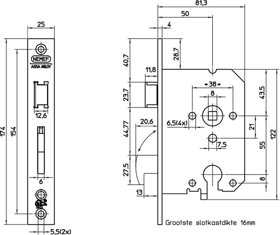 Nemef 4109 Veiligheidsdeurslot | SKG** | DM50mm | PC55mm | krukgat 8mm | voorplaat RVS 25x174mm rechthoekig | sluitkom VS 4009 | sluitplaat P 4109 17