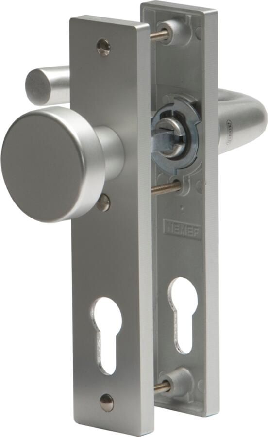 Nemef 3252 FP B Rs Beslag kortschild afgerond | D kruk-knop | beslagset | geveerd | krukstift 8mm | F1 aluminium | PC72-blind | draairichting rechts - Foto 2