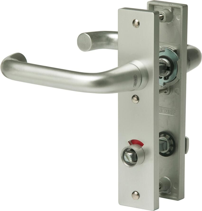 Nemef 3252 WC Rs Beslag kortschild afgerond | D kruk-kruk | beslagset | geveerd | krukstift 8mm | F1 aluminium | WC63 | draairichting rechts