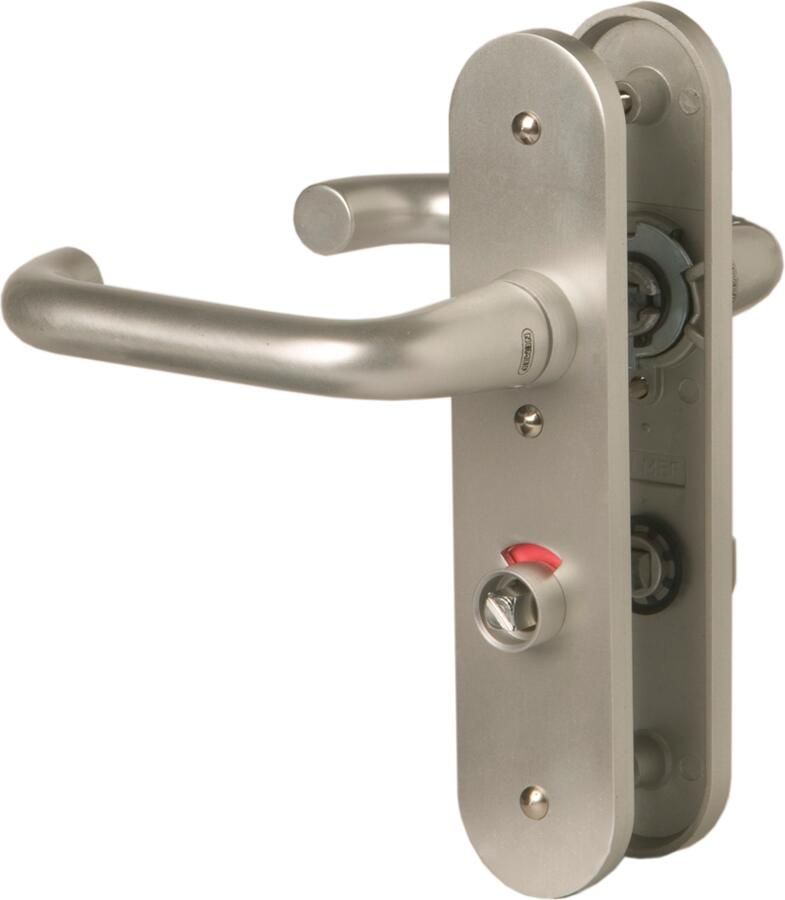 Nemef 3253 WC Rs Beslag kortschild afgerond | D kruk-kruk | beslagset | geveerd | krukstift 8mm | F1 aluminium | WC72 | draairichting rechts