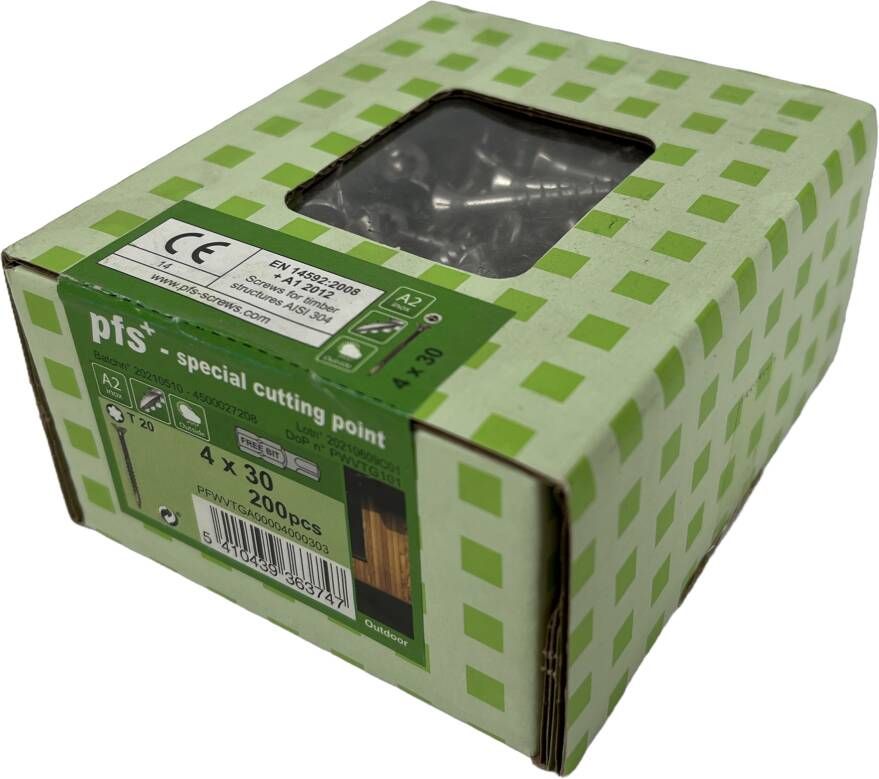 pgb-Europe PFS+ | RVS Spaanplaatschroef PFS+ VZK-T Ø 4 0x30 A2 200 stuks PFWVTGA00004000303
