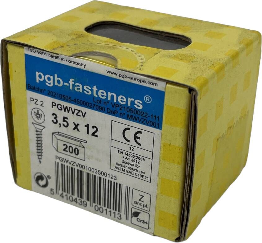 pgb-Europe PGB-FASTENERS | Spaanplaatschroef VK-Z Ø 3 5x12 Zn | 200 st PGWVZV001003500123