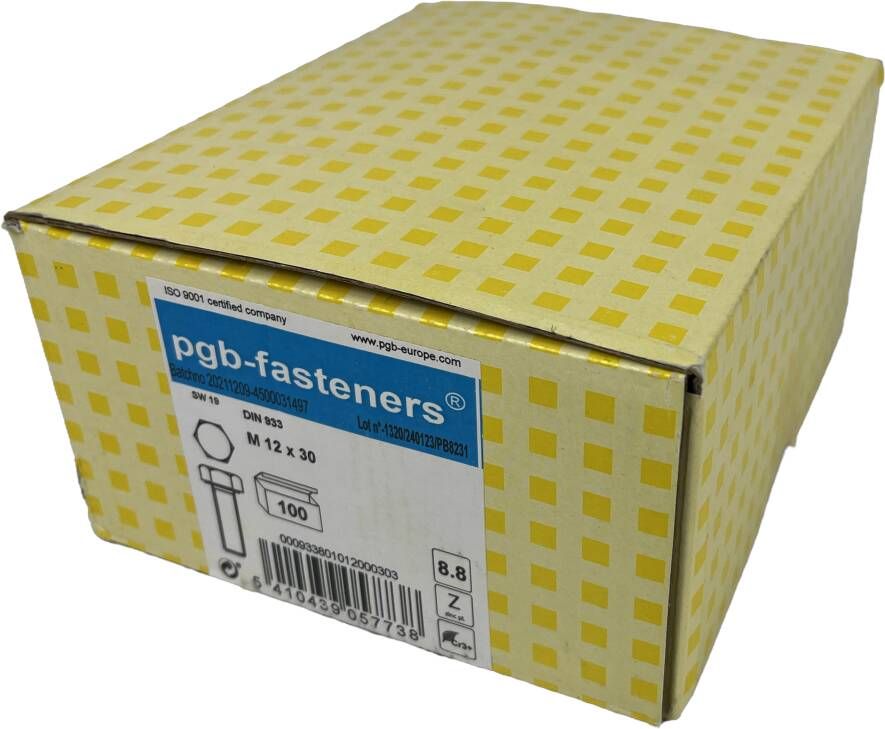 pgb-Europe PGB-FASTENERS | Zeskanttapbout 8.8 DIN 933 M 12x30 Zn | 100 st 933801012000303