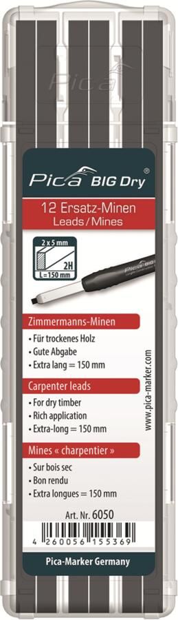 Pica Vullingenset | 12x grafiet 10H | steen en beton | Big Dry 6055 | 12 stiften set | 1 stuk 6055