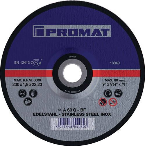 Promat Doorslijpschijf | RVS | D180x1 5mm gebogen | RVS | gat 22 23 mm 4000841245